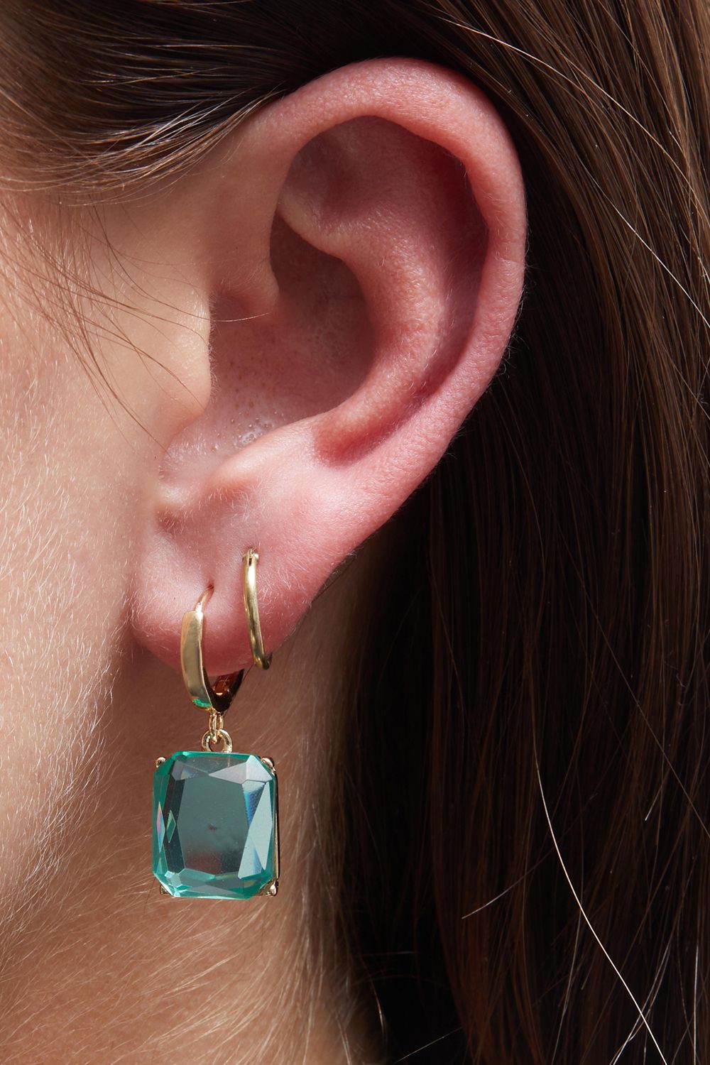 Mood Gold Green Emerald Cut Open Stone Huggie Hoop Earrings