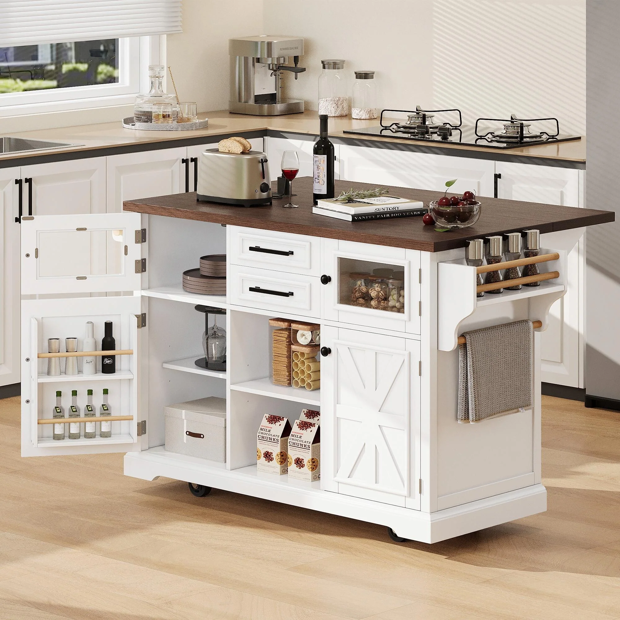 54.9 Kitchen Island with Drop Leaf, Power Outlet, Kitchen Storage Cart