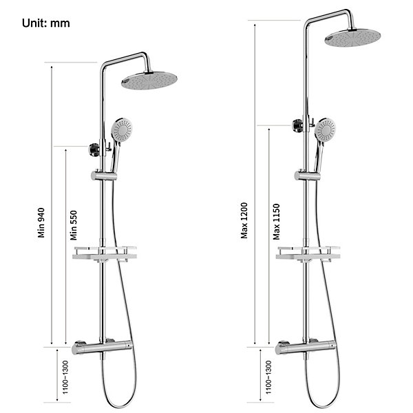 Colonne de Douche Thermostatique Hauteur Reglable 940 a 1200 mm Jet Pluie avec Tablette Finition Chrome pour Salle de Bain