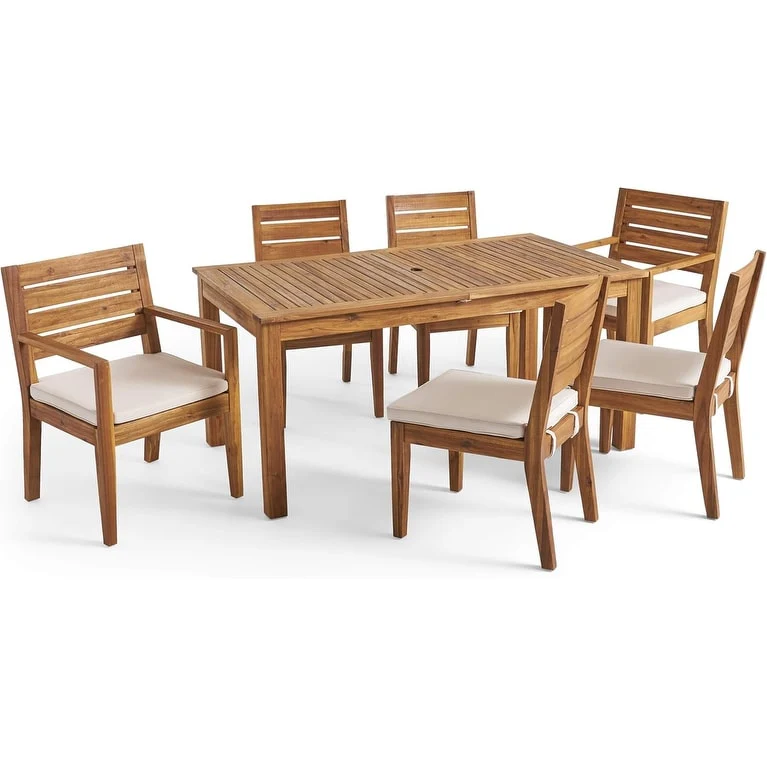 Outdoor 6-Seater Acacia Wood Expandable Dining Set with Cushions,Sandblasted Natural and Beige