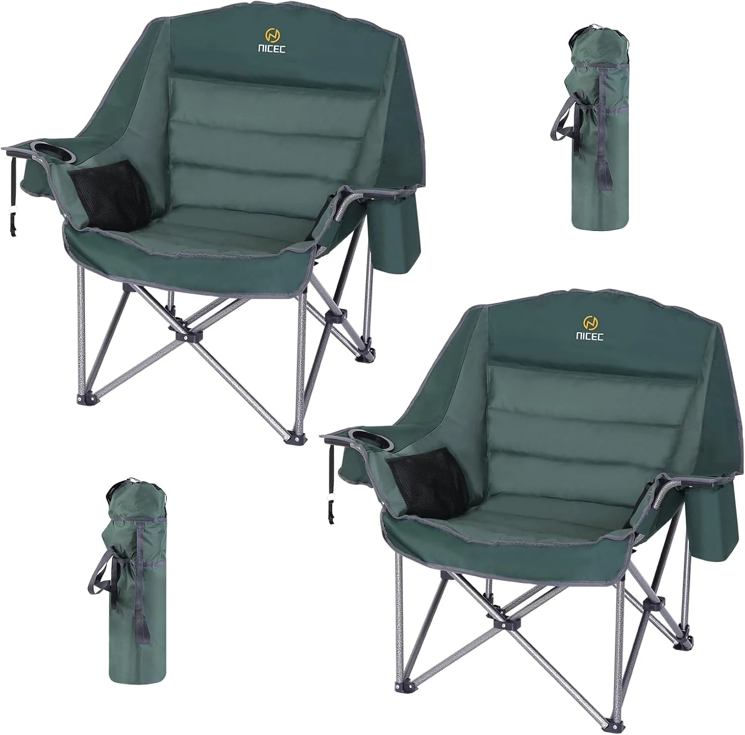 Oversized XL C-Camp Chair, 400lbs Capacity, Cushion, Cup Holder  Cooler Bag (Green, 2-Pack)(2/Green)