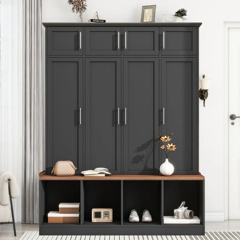 Hall Tree Hallway Storage Bench with Shoe Cubbies and Coat Rack with Hooks