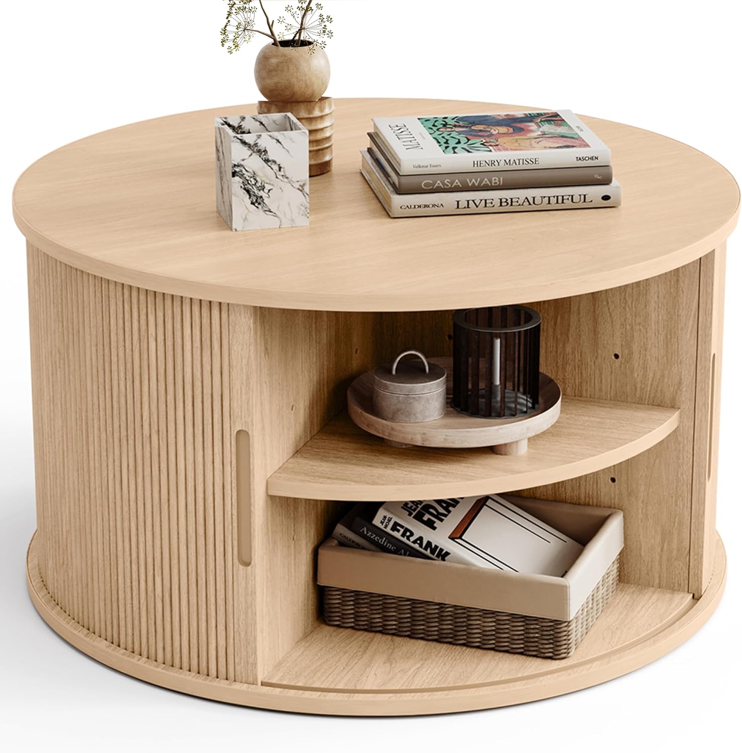 LINSY HOME Round Coffee Table, 31.5 Drum Coffee Table with Sliding Tambour Door, Fluted Accent Center Table with Storage, Mid Century Modern Coffee Table for Living Room, Oak