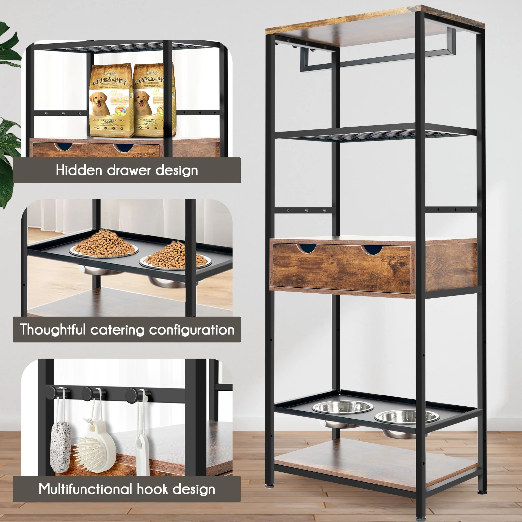 3 Height Adjustable Raised Dog Bowls, Dog Feeder Station for Large Medium Dogs Cats, Dog Storage with shelves