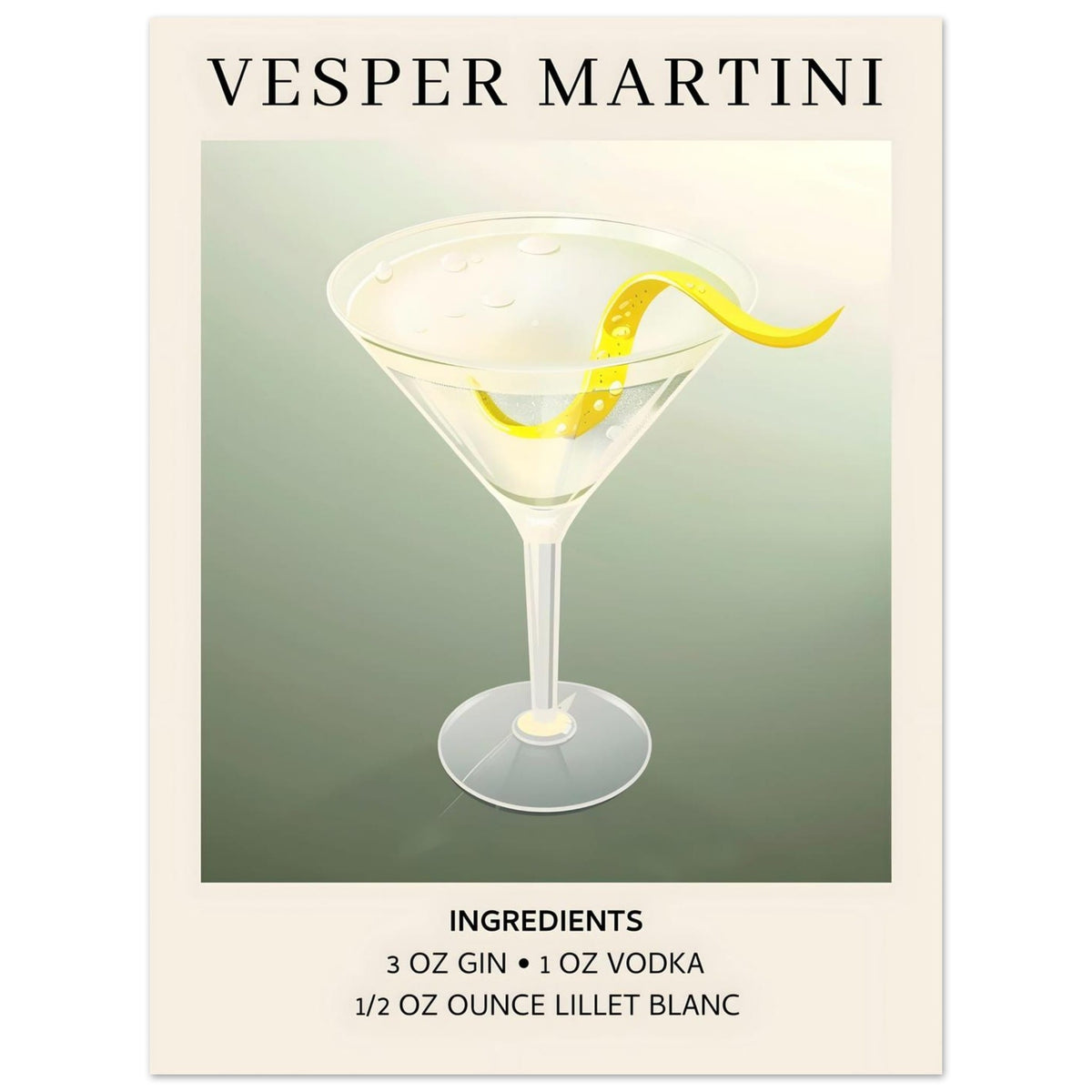 Artfulprints Poster Vesper Martini cocktail - Ingrediënten  - 30x40 cm - Grijs