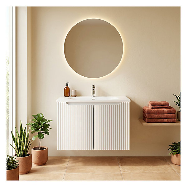 Ensemble de salle de bain suspendu VANO blanc 80cm : meuble sous vasque à placards rainuré et vasque encastrée blanche