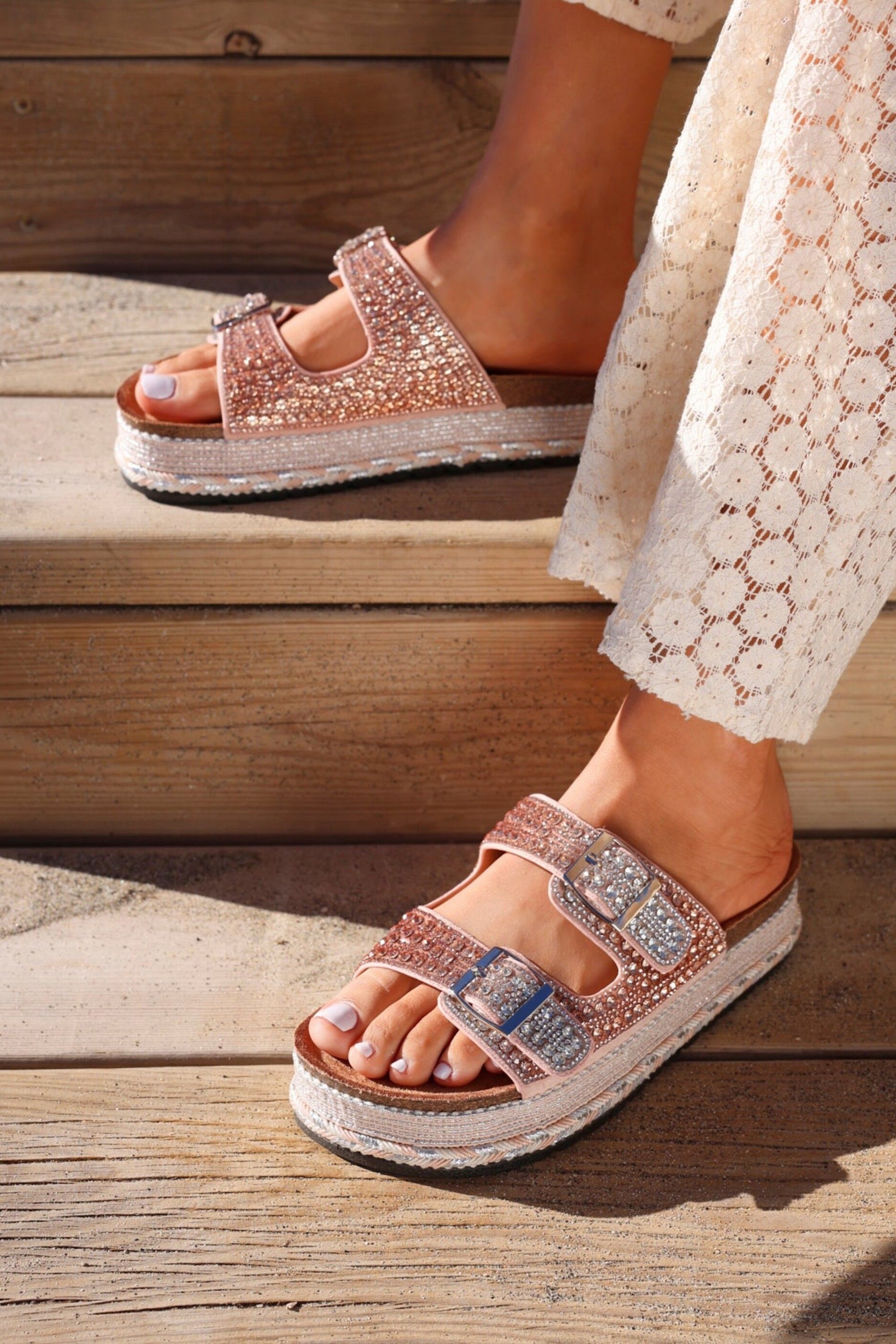 Linzi Glitzy Rose Gold Diamante Flatform Slider Sandals