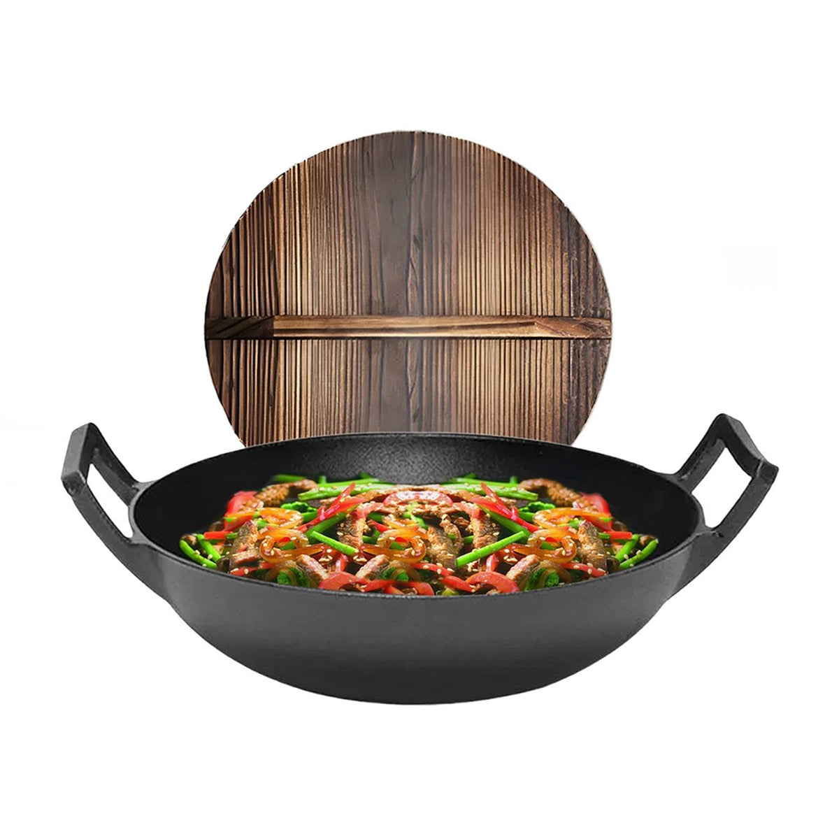 GrillX Wokpan Gietijzer - Met Houten Deksel - Ø 36cm - Gietijzeren Wadjan - BBQ & Inductie Pan