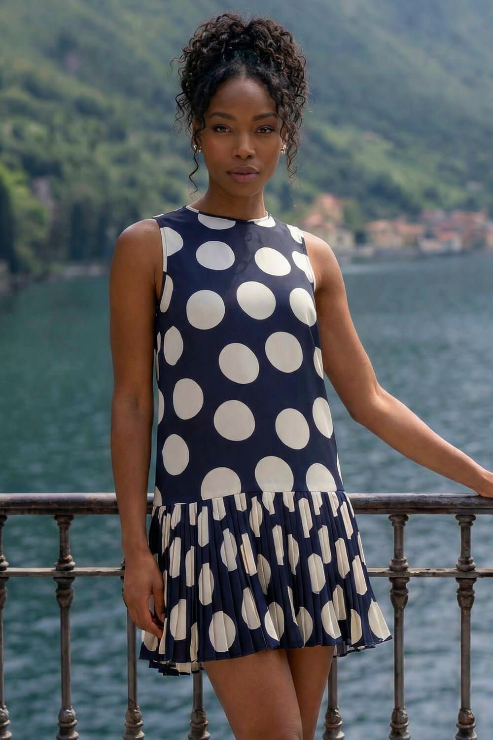 Roman Polka Dot Pleated A-Line Dress