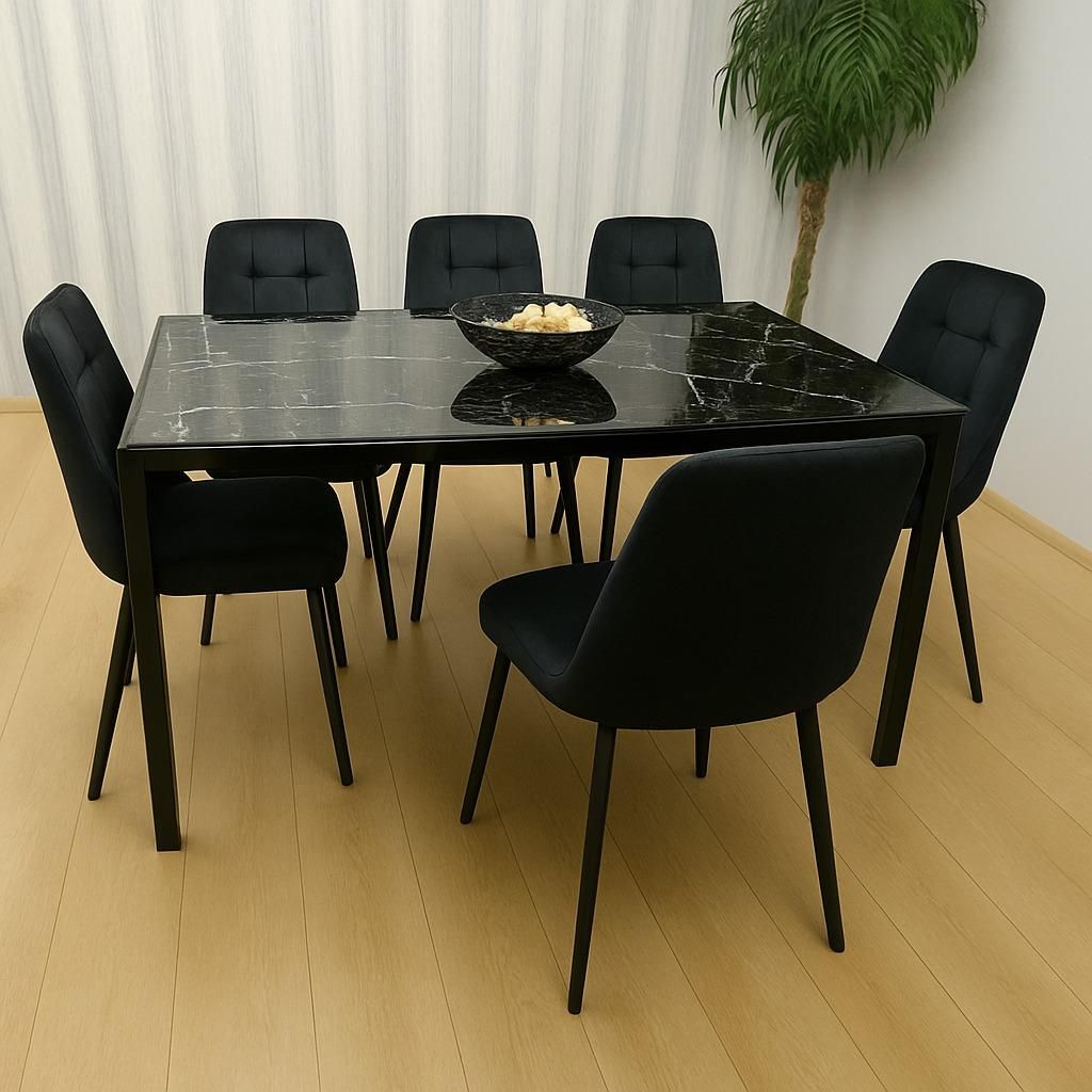 KOSY KOALA Black Glass Marble Effect Dining Table Set with Velvet Chairs
