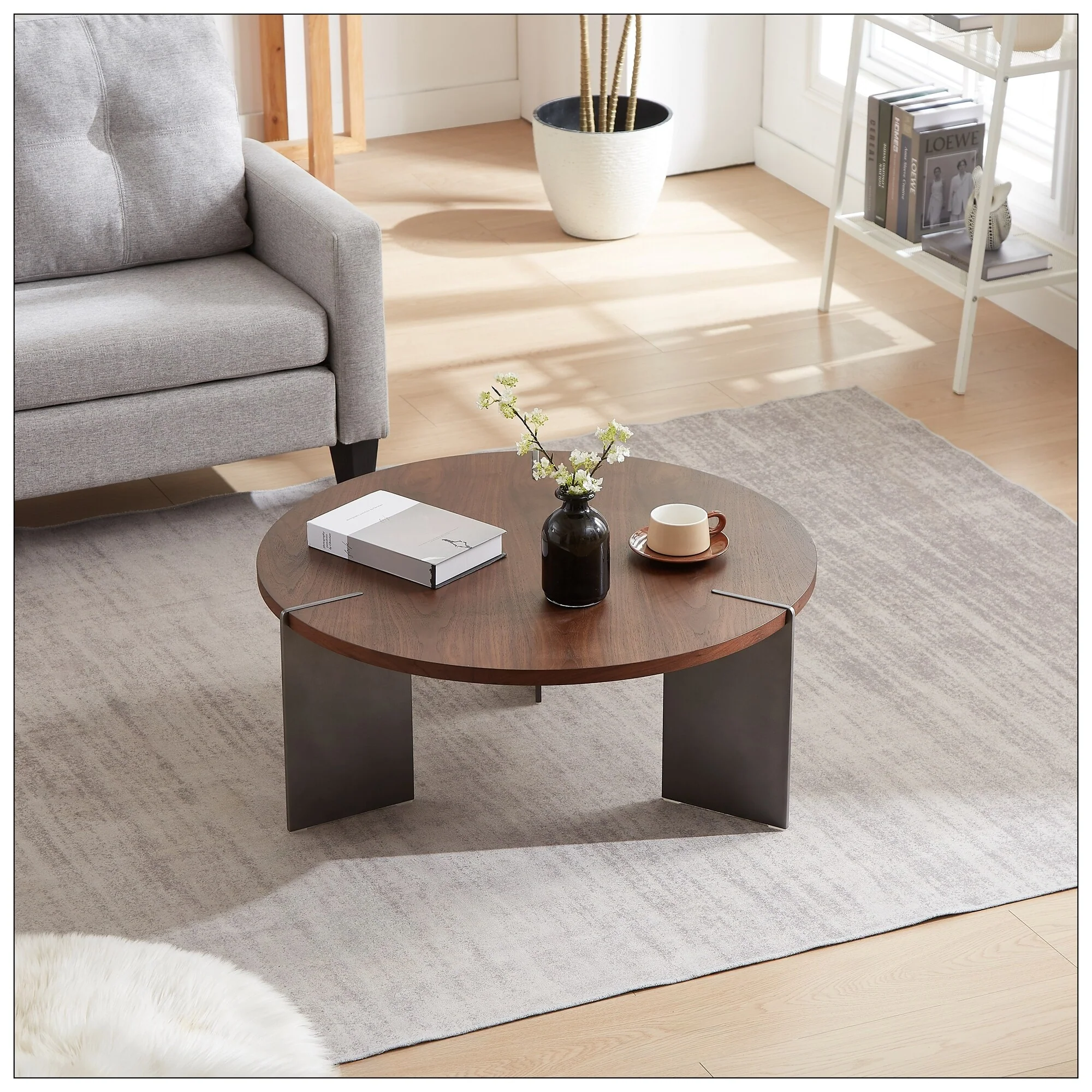 Round Coffee Table Walnut Wood Surface and Black Metel Feet
