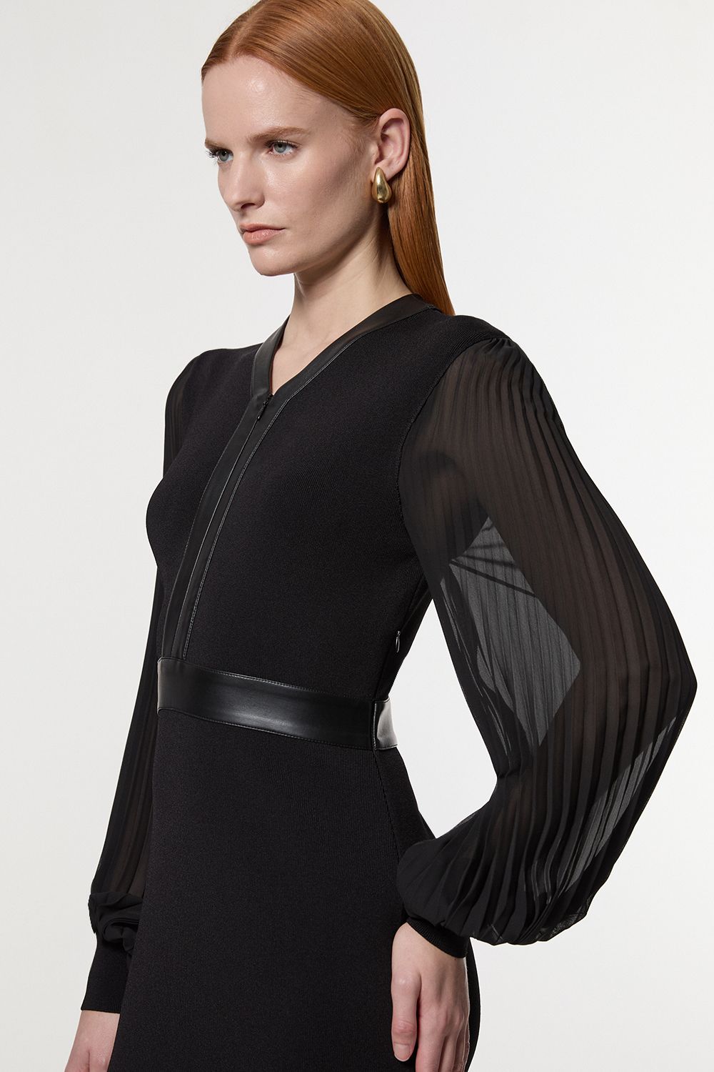 KarenMillen Woven Sleeved Pleated Dress With Pu
