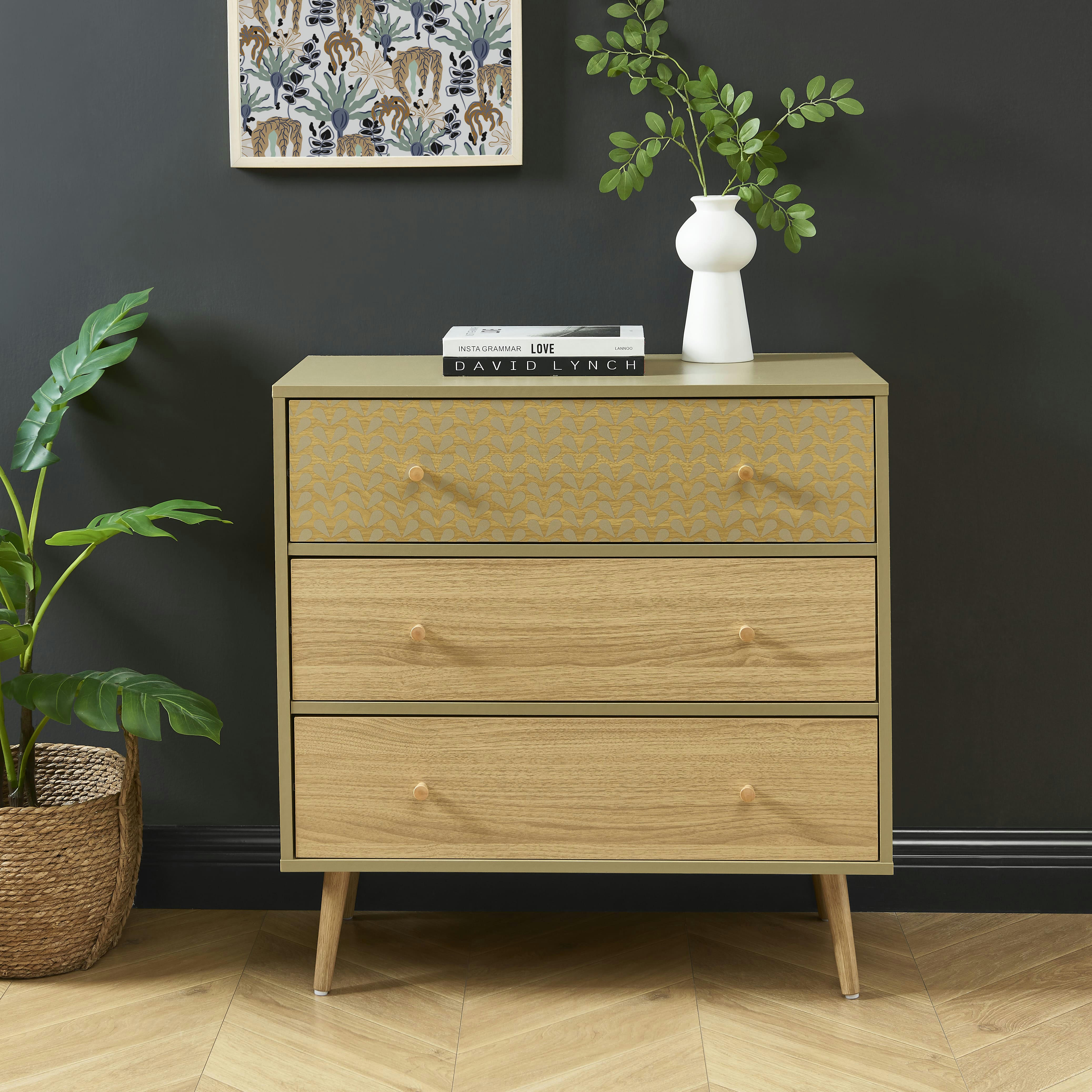 CAPUCINE - Commode  vert olive et effet bois et chêne 3 tiroirs 78cm