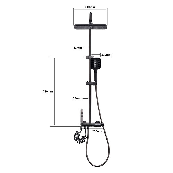 Colonne de Douche Thermostatique avec étagère Jet Pluie et Cascade Hauteur Réglable 800-1000 mm Verre et Laiton Gris anthracite