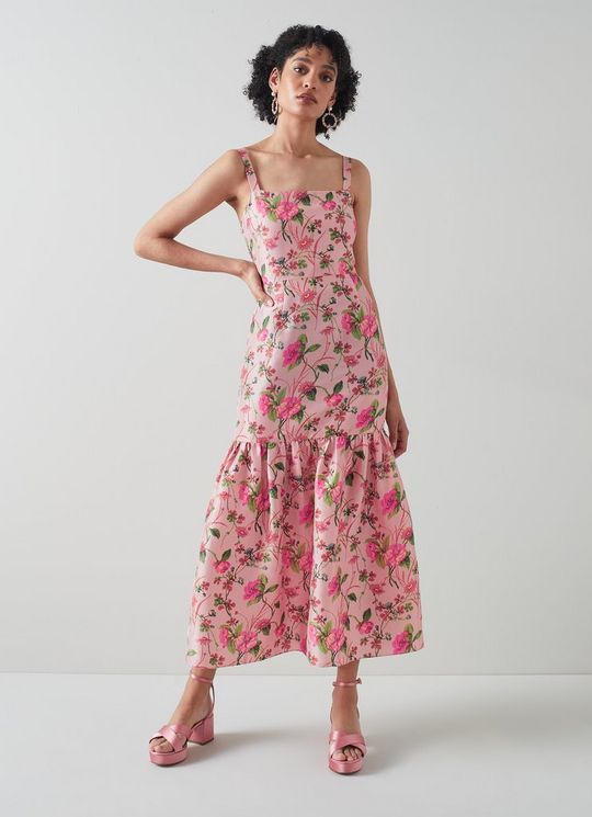 Essie Pink Chine Floral Print Raw Silk Dress