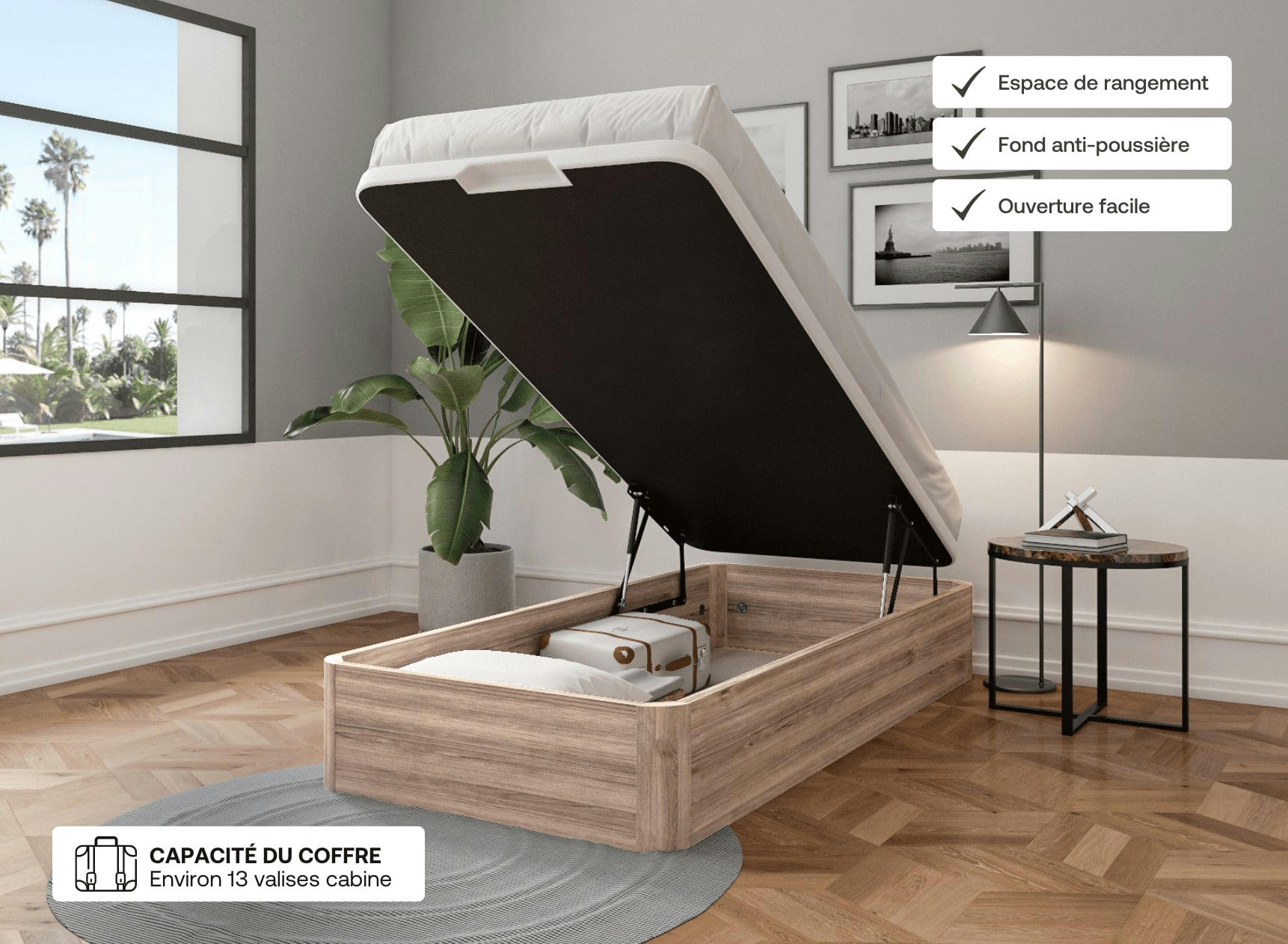 BASTIA - Lit coffre en bois 90x200 Chêne Naturel