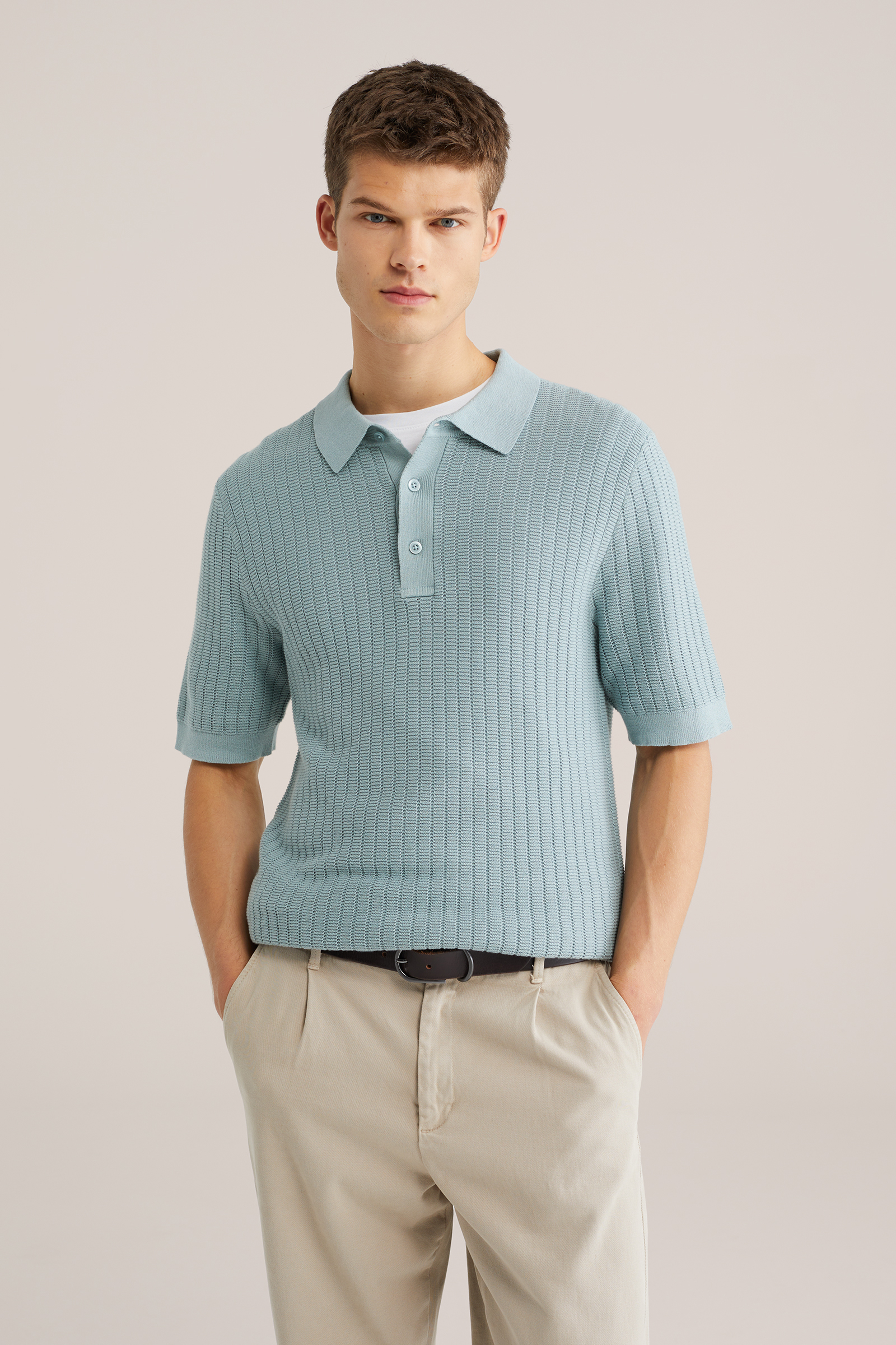 Heren regular fit grofgebreide polo met structuur