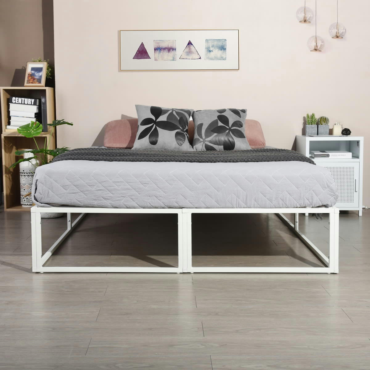 - Lit Double Métal Blanc Sommier Lattes 2 Places 200*150*30cm