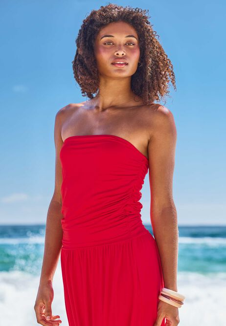 Womens Red Ruched Bandeau Dress