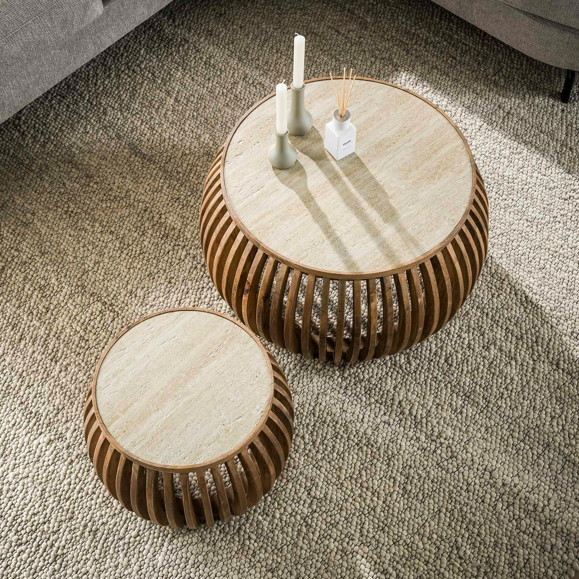 Table basse ronde en bois de manguier et céramique (lot de 2) ASCOLI