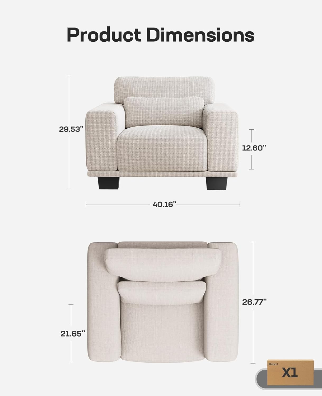 Marsail Single Seater Couch, 40 Inch Sofa with Deep Cushions, Modern Linen Fabric Sofas for Living Room, Comfy Upholstered Couch with Removable Washable Covers, Beige