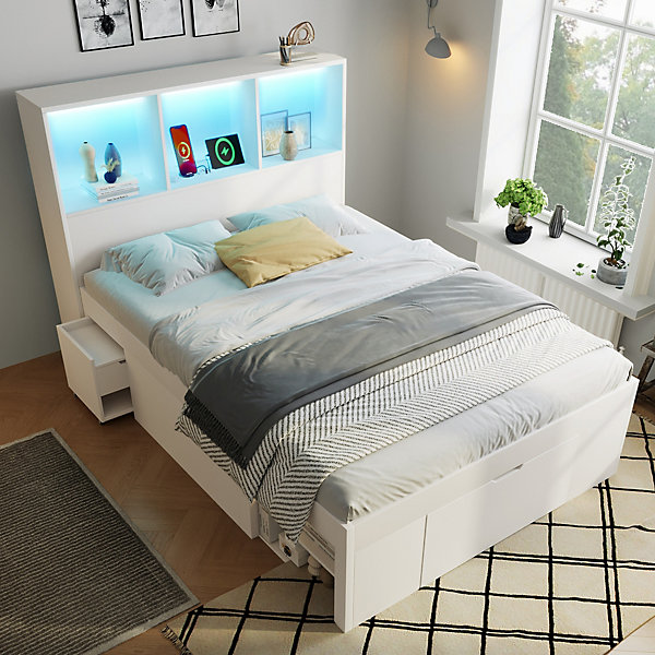 Lit Simple Ado 90x200 cm - Avec Tiroirs de Rangement, Chevet Mobile et éclairage LED, Bois Massif, Blanc - Sans Matelas