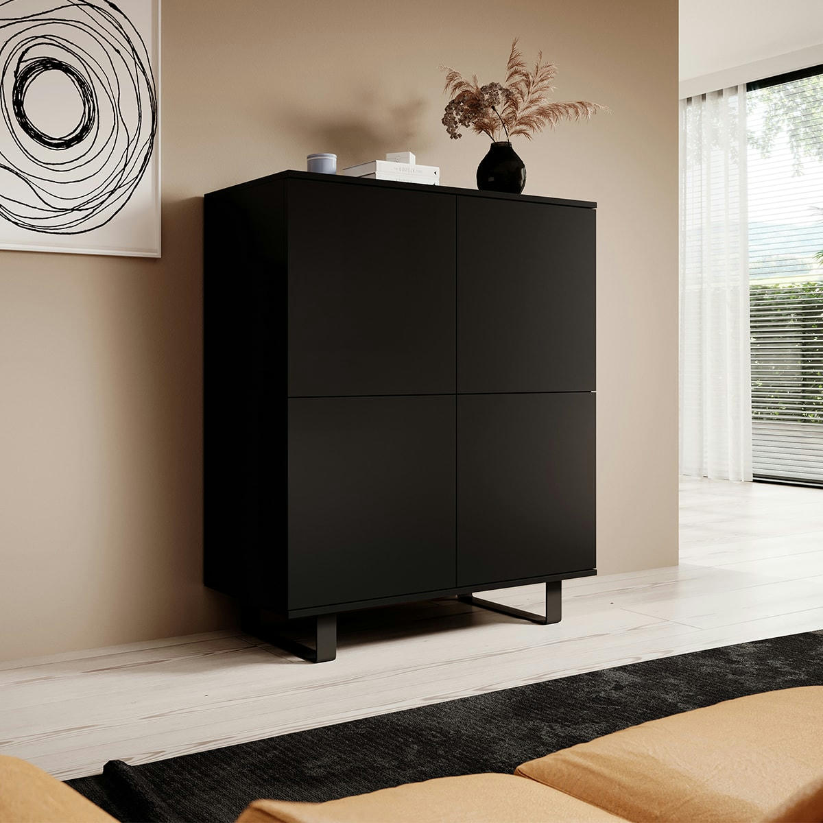 - Buffet haut 4 portes stratifiés, métal noir