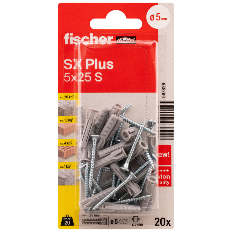 Cheville à expansion SX Plus Ø 5 x 25 mm avec vis 20 pièces FISCHER