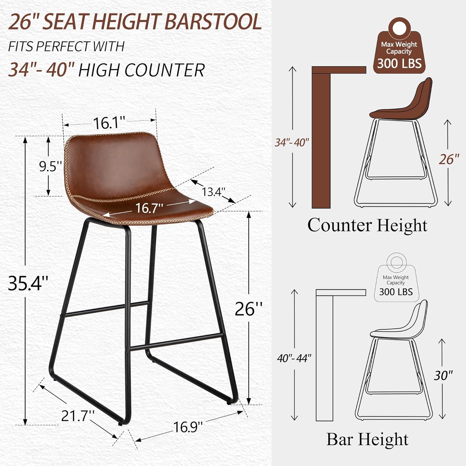 HeuGah Counter Height Bar Stools Set of 3, Brown Barstools with Back Support 26 Inch Faux Leather Bar Stools for Kitchen Island Counter Height Bar Chairs with Metal Legs
