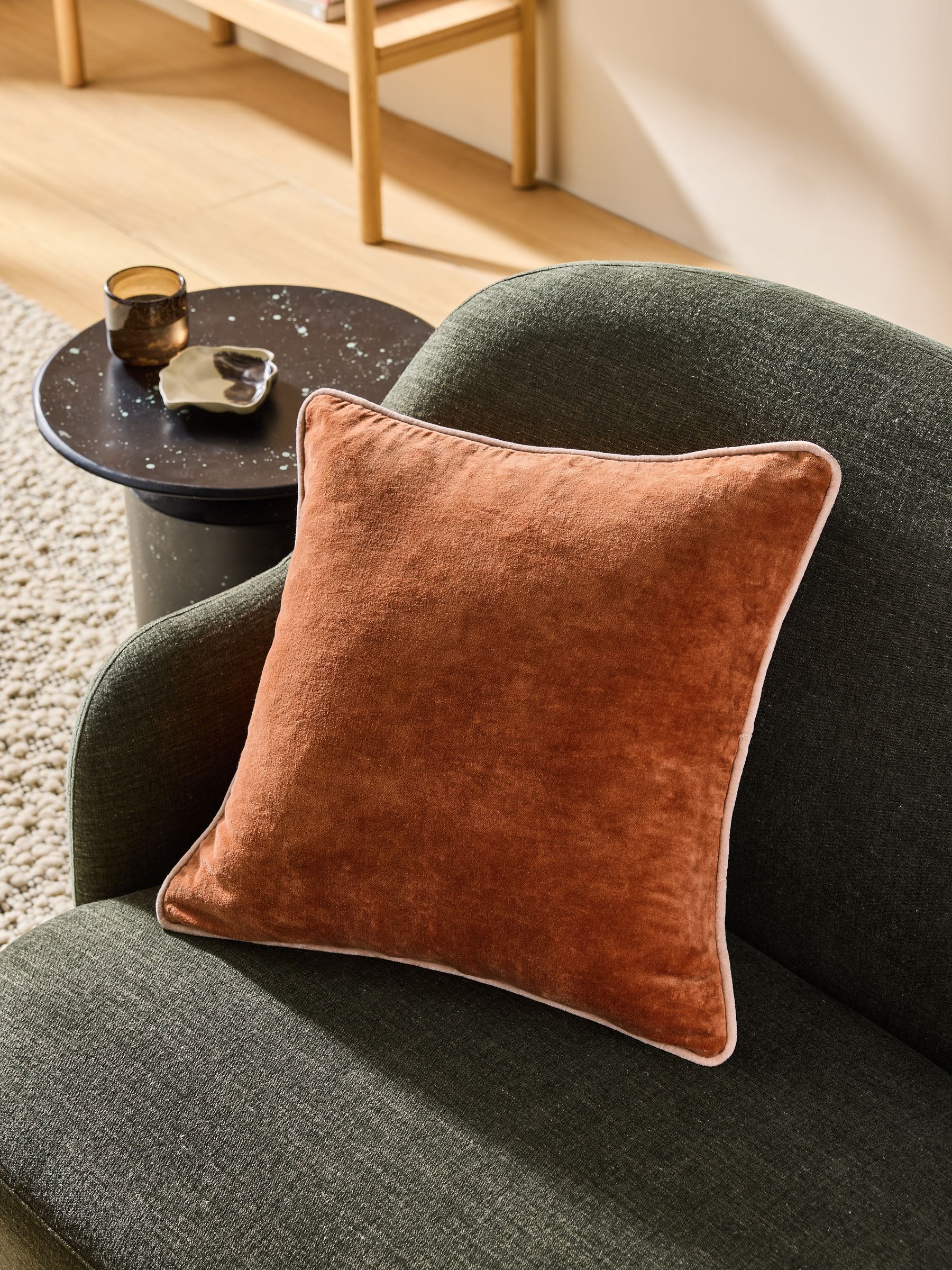 Bailey Cotton Velvet Piped Cushion in Rust Brown