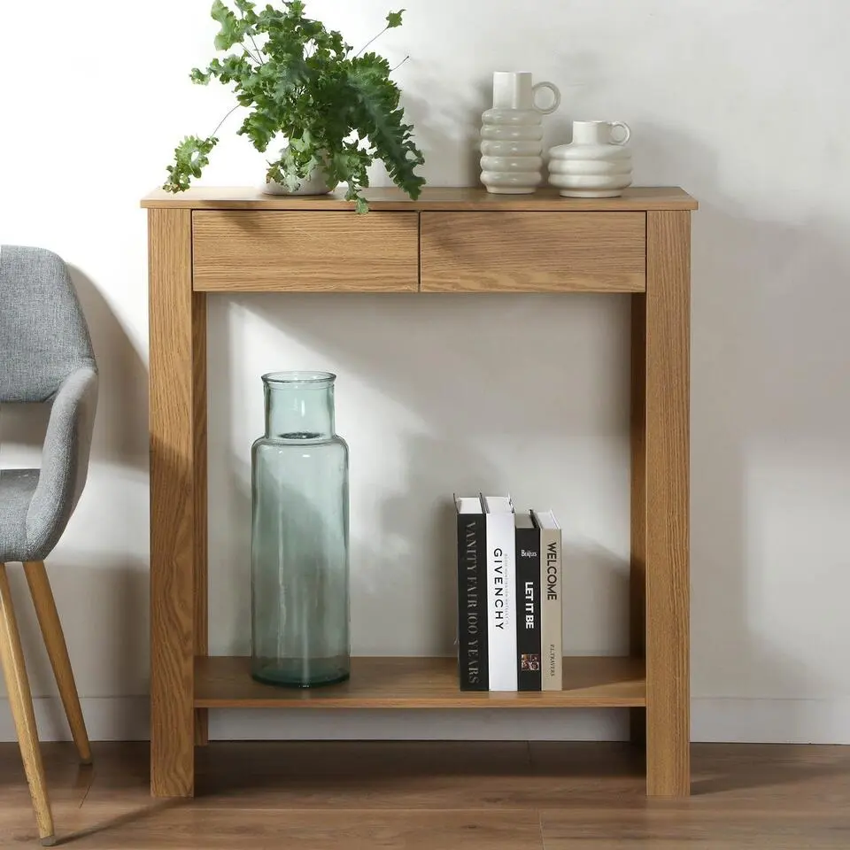 CALICOSY - Hoge console met 2 lades in eiken decor - Licht hout - 29x79x86,5 cm