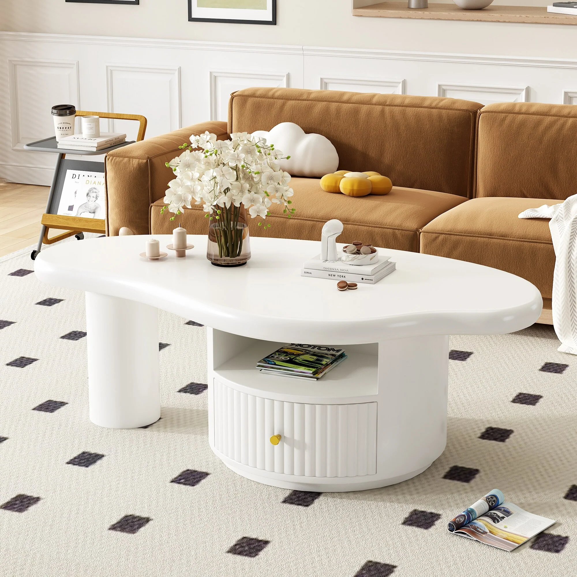 43.3 Cloud Coffee Table Lounge Center Table with 1 Dreawer and Open Storage Shelf, Accent Side Tabl for Living Room
