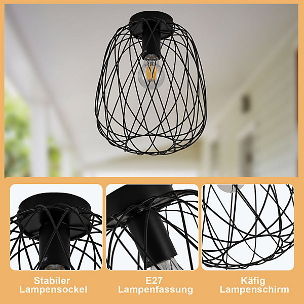 NETTLIFE Plafonnier noir lampe de couloir plafonnier vintage industriel rétro E27 1 ampoule lampe ronde métal