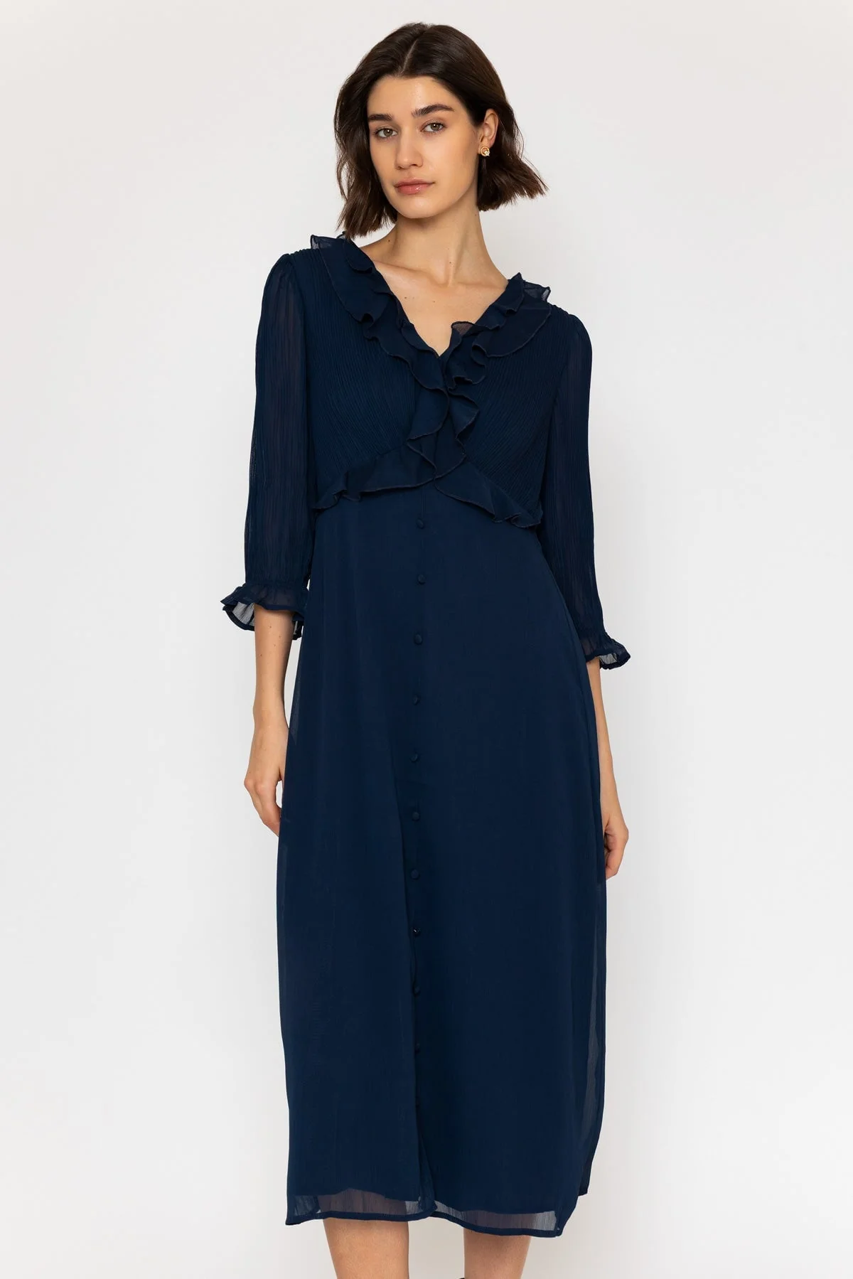 Navy Chiffon Long Sleeve Midi Dress