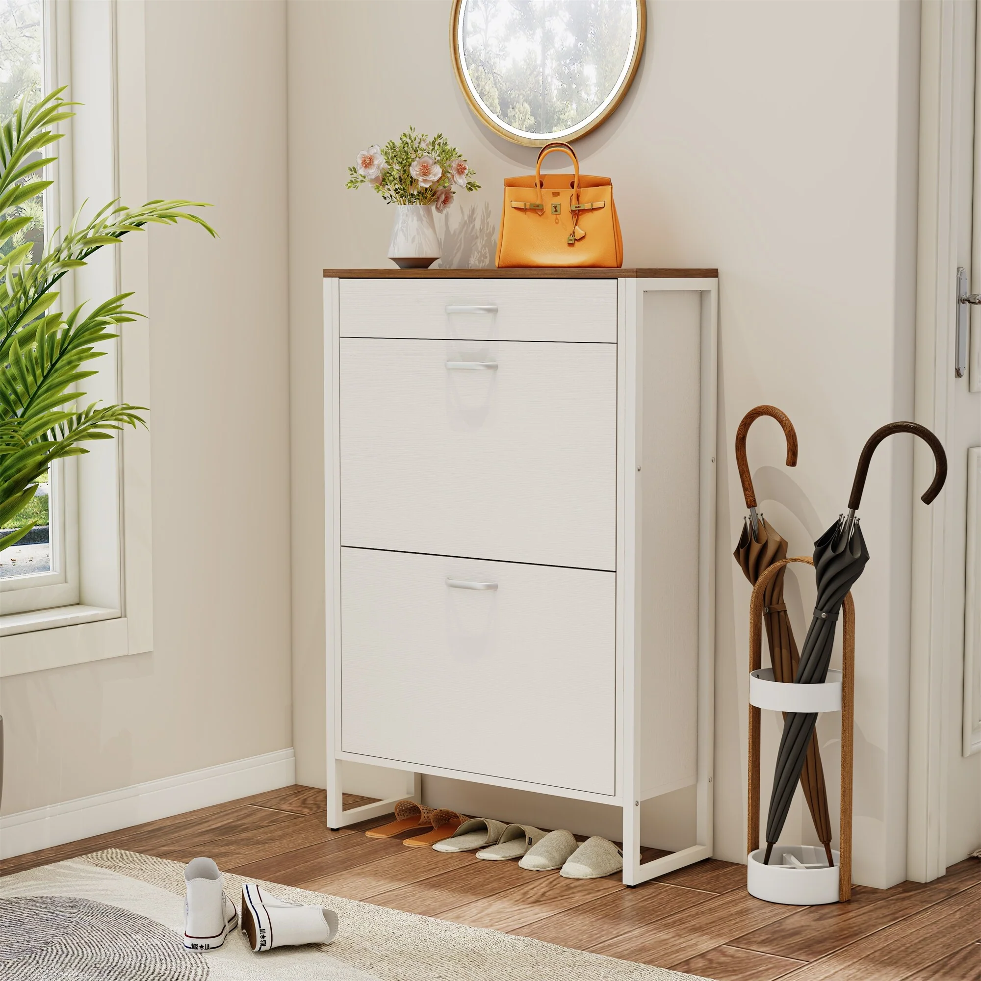 Wood Hidden Shoe Cabinet with 2 Flip Drawers for Hallway