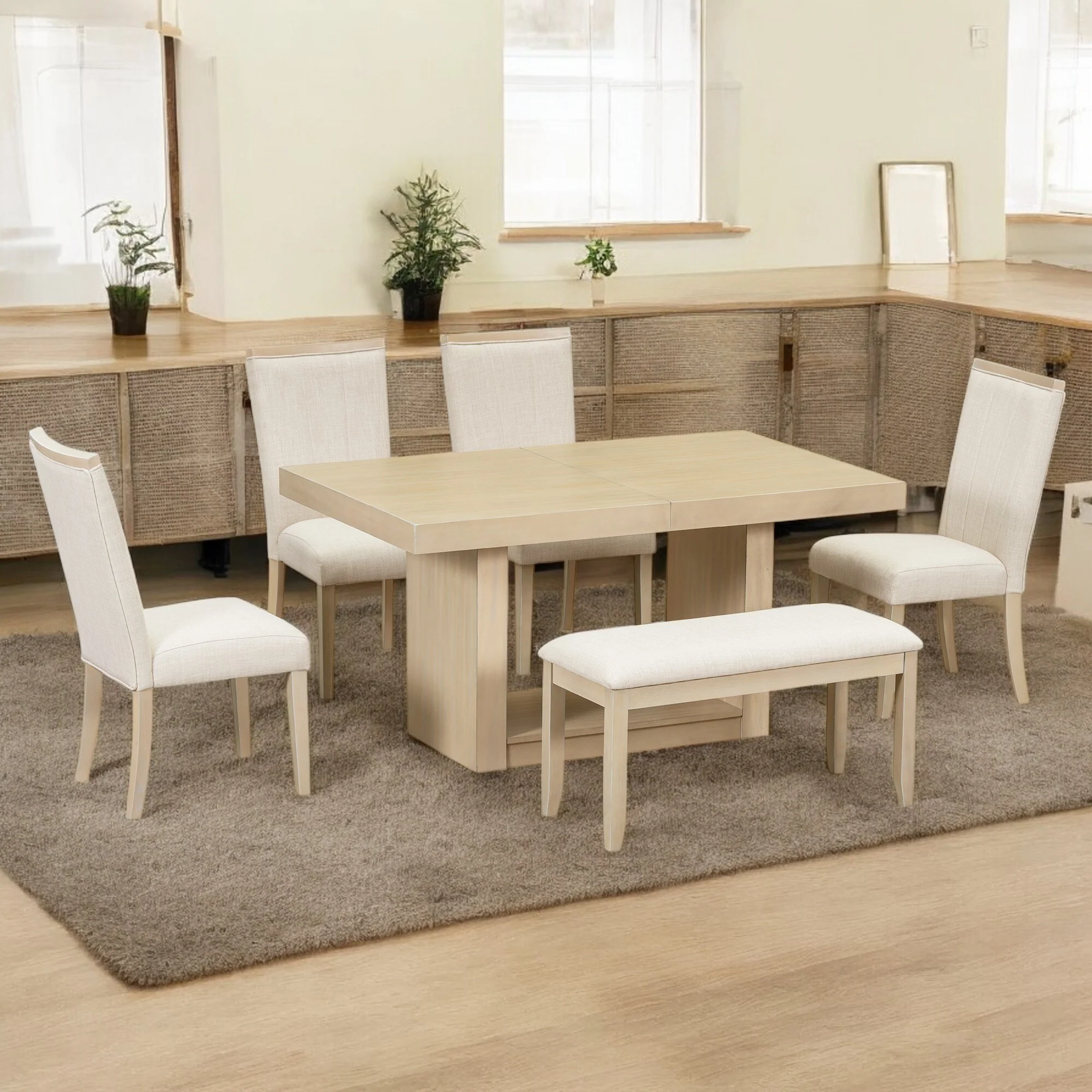 6-Piece Extendable Pedestal Dining Table Set, 78 Rectangular Table with 18 Removable Leaf, Upholstered Chairs & Bench for 6