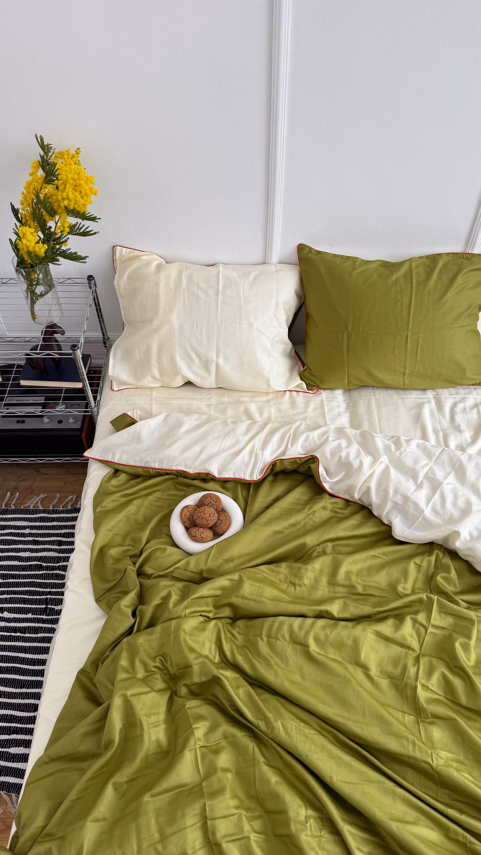 Matcha Green Cotton Sateen Bedding Set with Red Piping, Turkish Duvet Cover