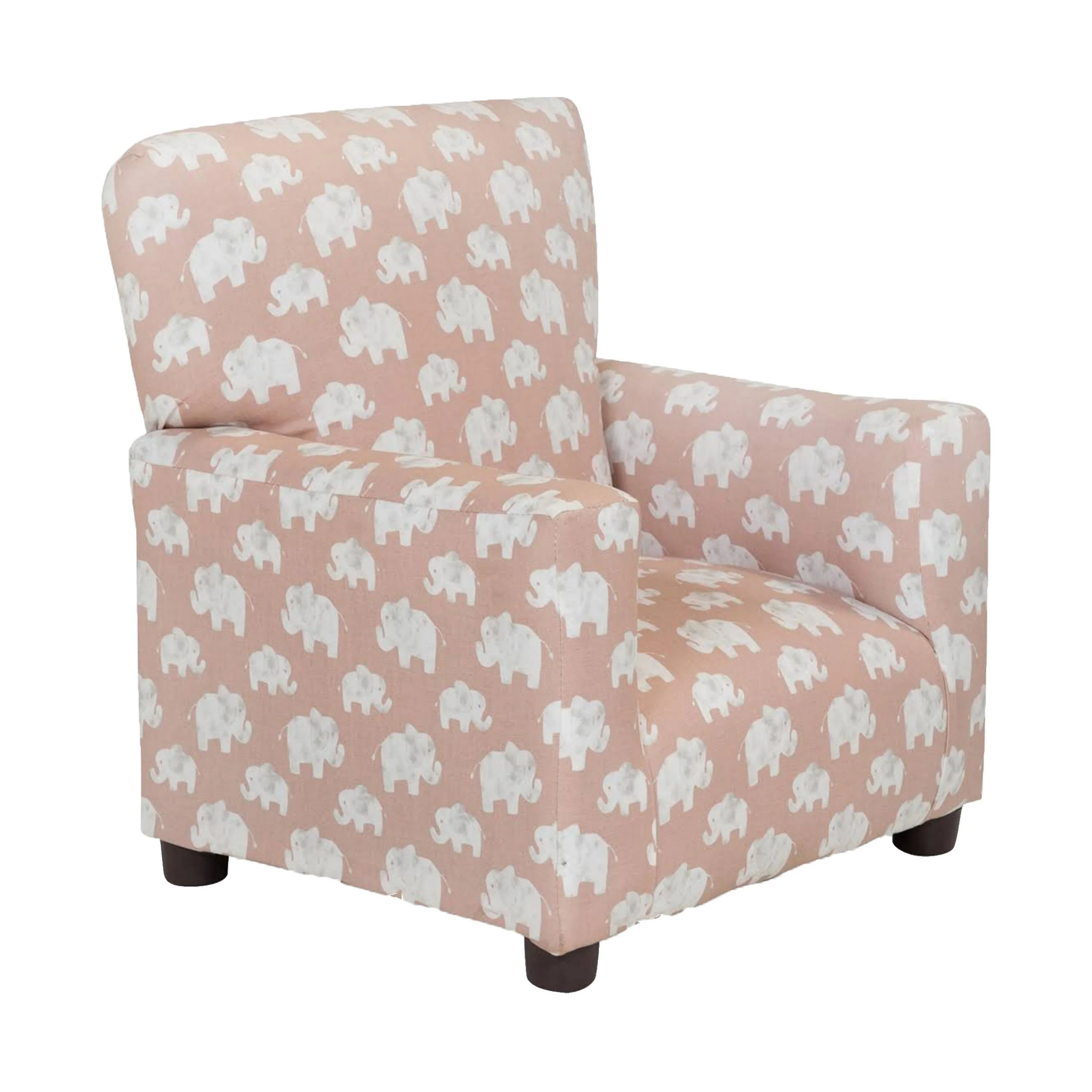 Tye 19 Inch Kids Sofa Chair, Pink Fabric, White Elephant Print, Sturdy Legs