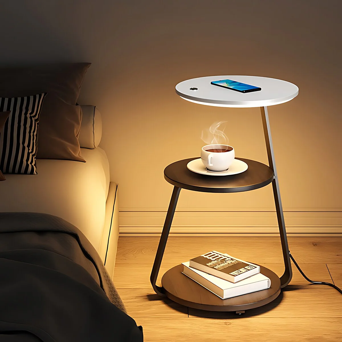 Modern Nightstand with Wireless Charger and LED Lights
