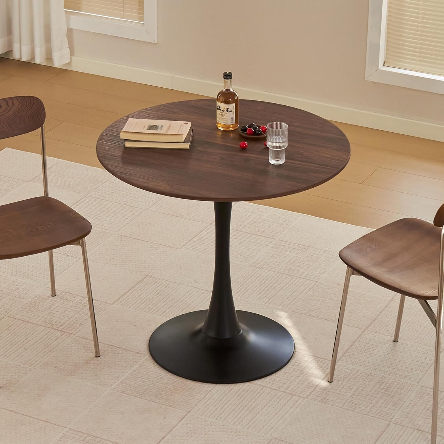 Round Dining Table, 31.5 Circle Tulip Table with Thickened Tabletop & Metal Pedestal, Mid Century Modern Bistro Table for Kitchen, Small Places, Living Room, Cafe (Faux Walnut)