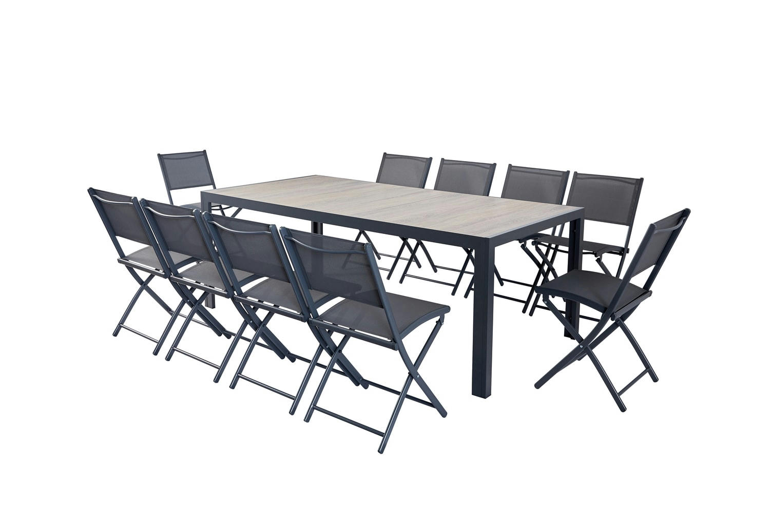 LAGOS - Ensemble table aluminium effet bois et 10 chaises