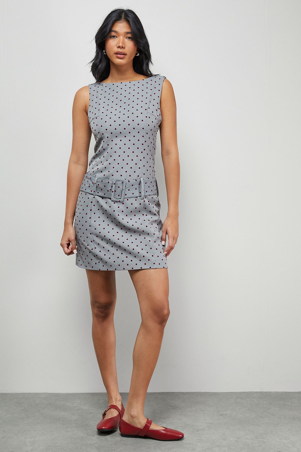 Warehouse Flock Polka Dot Self Belt Mini Dress