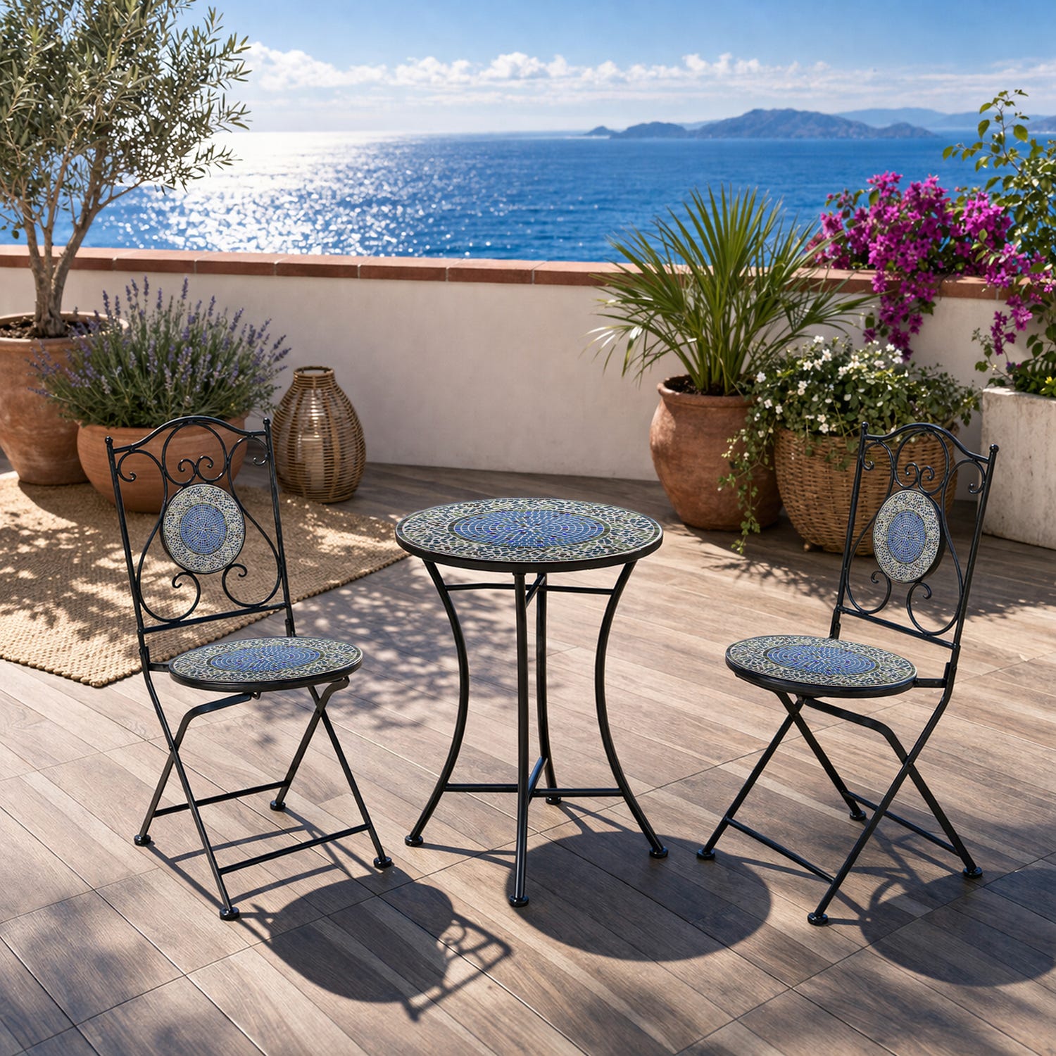 Set tavolo tondo con 2 sedie ferro maiolica azzurra