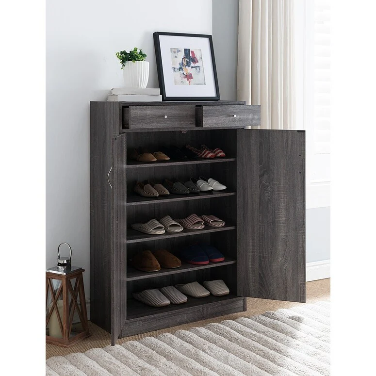 Shoe Cabinet, Two Door Storage Cabinet with Two Drawers, fits 15 Pair of Shoes- Distressed Grey
