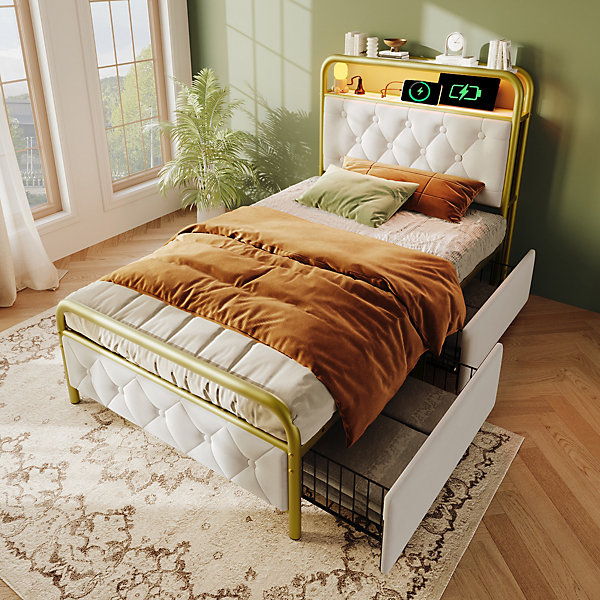 Lit avec Rangement 90x200 cm - Lit Capitonné Simple avec 2 Tiroirs, Prises USB et LED, Velours, Sans Matelas, Blanc
