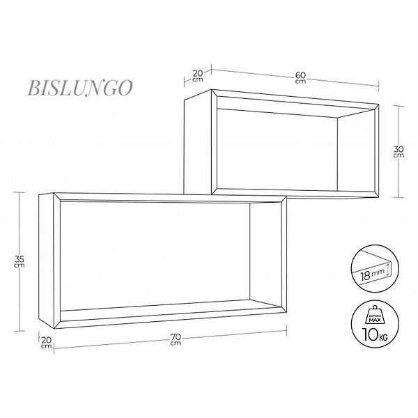 Ensemble de 2 étagères murales, meuble de salle de bain chêne gris neuf, 70x35x20 cm et 60x30x20 cm - Bis Rettangolo Bislungo