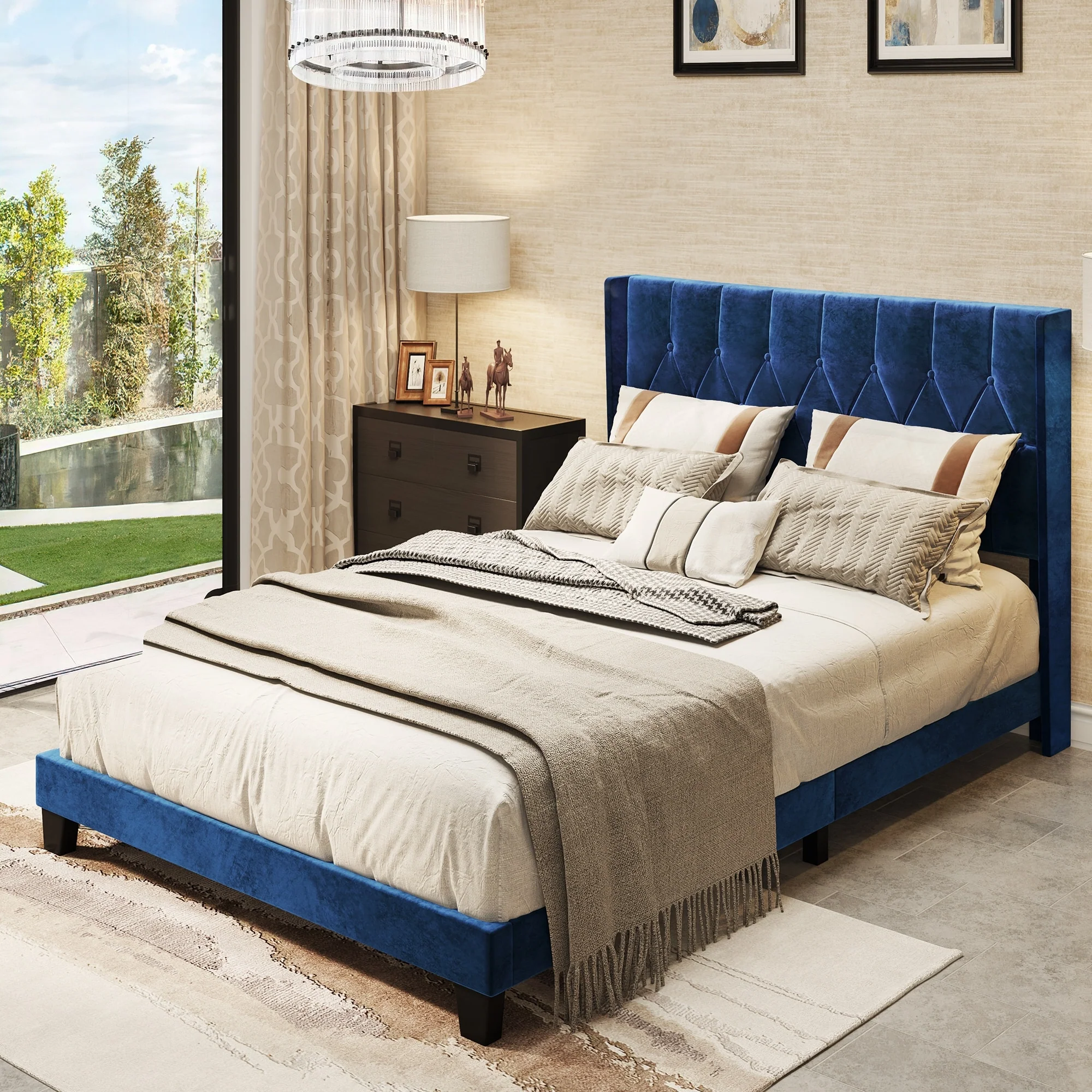 Rhombus/Square Velvet Tufted Headboard Platform Bed Frame