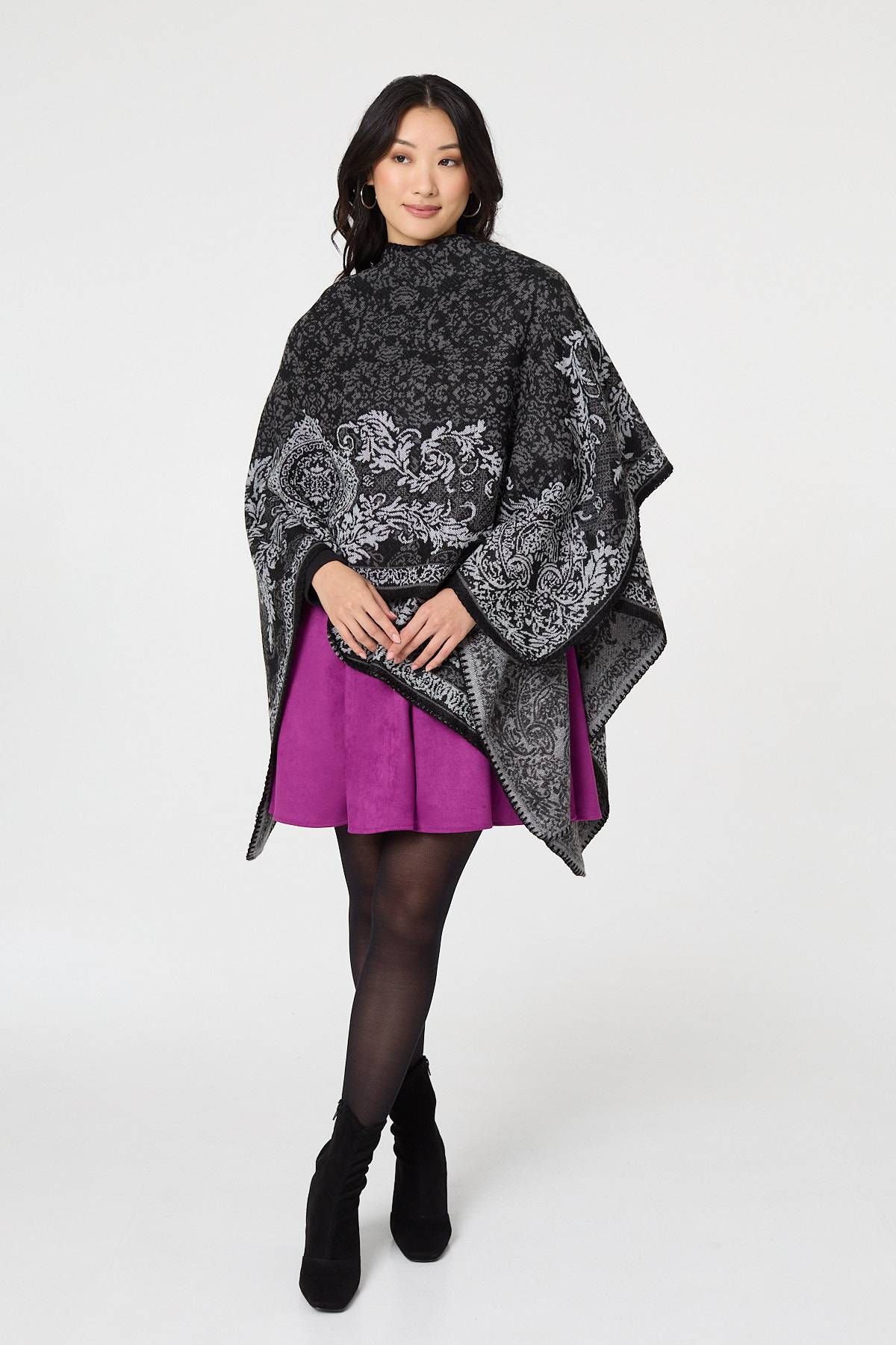 Izabel London Damask Border Print Relaxed Poncho