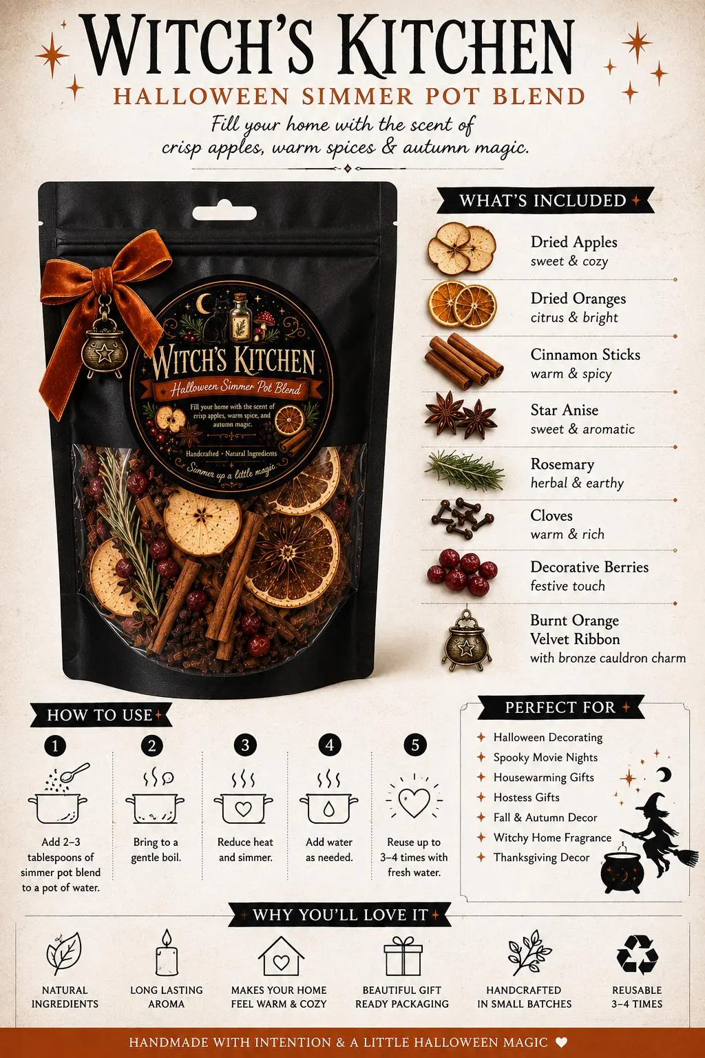 Halloween Simmer Pot Kit | Witch's Kitchen Botanical Blend | Fall Simmer Pot Gift | Stovetop Potpourri | Spooky Gift |Autumn Decor|Simmering