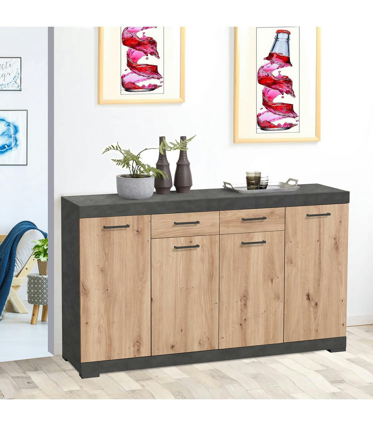 BRISTOL - Buffet 2 Tiroirs 4 Portes L160 x P34,9 cm